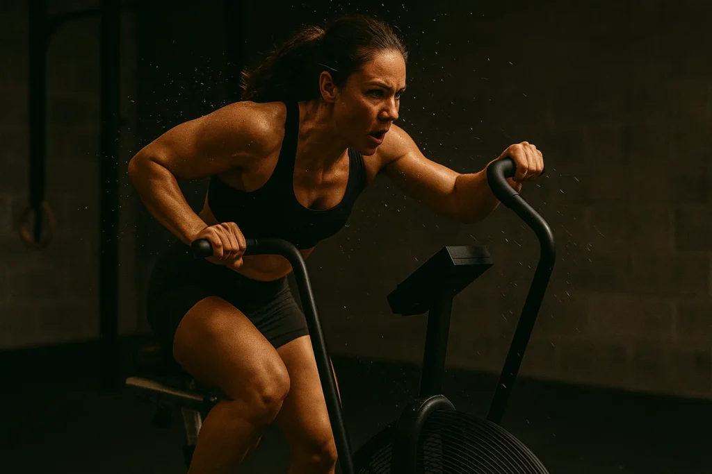 Athlete sprinting on an air bike in functional gym setting, sweat flying, fan blur in motion, legs and arms pumping with intensity