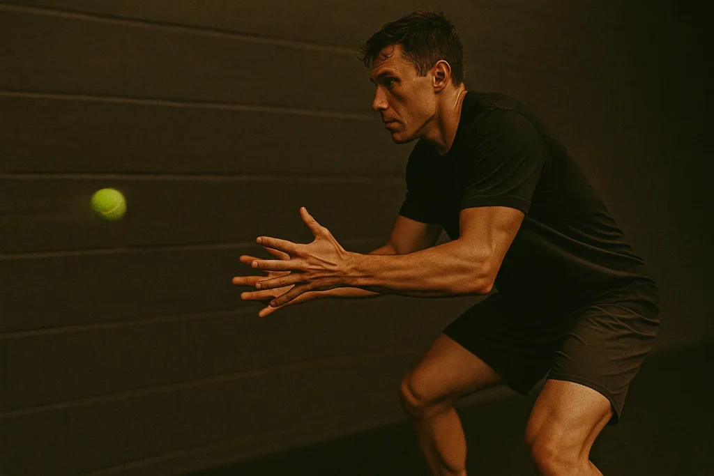 Side profile of fast rebound drill ball bouncing off wall, athlete low and reactive