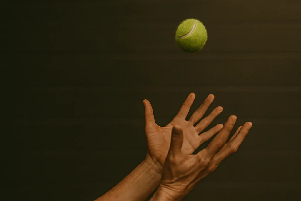 Close-up of hands receiving rebound ball, wall and motion blur in background