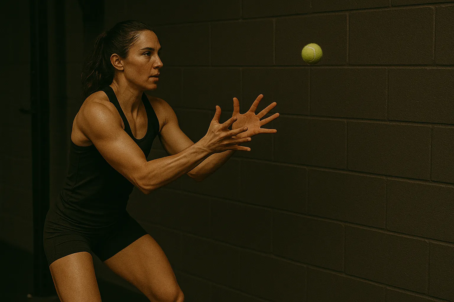 Athlete throwing and catching a tennis ball against a gym wall, hands extended, ball mid-air on rebound