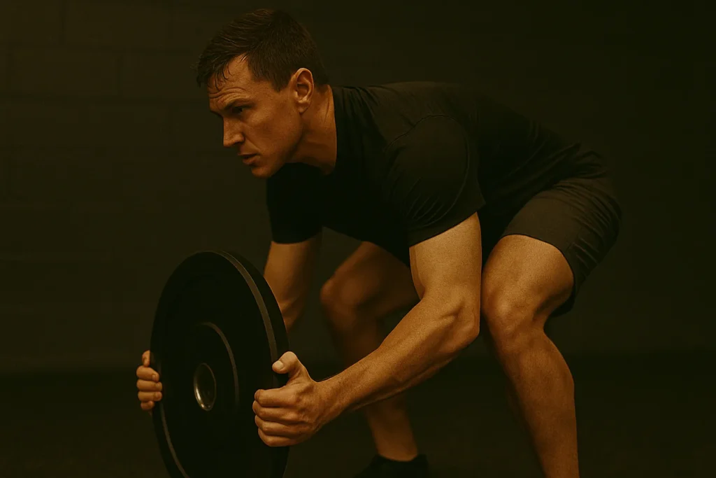 Close-up of athlete starting at floor with plate in hands, tight back and engaged glutes