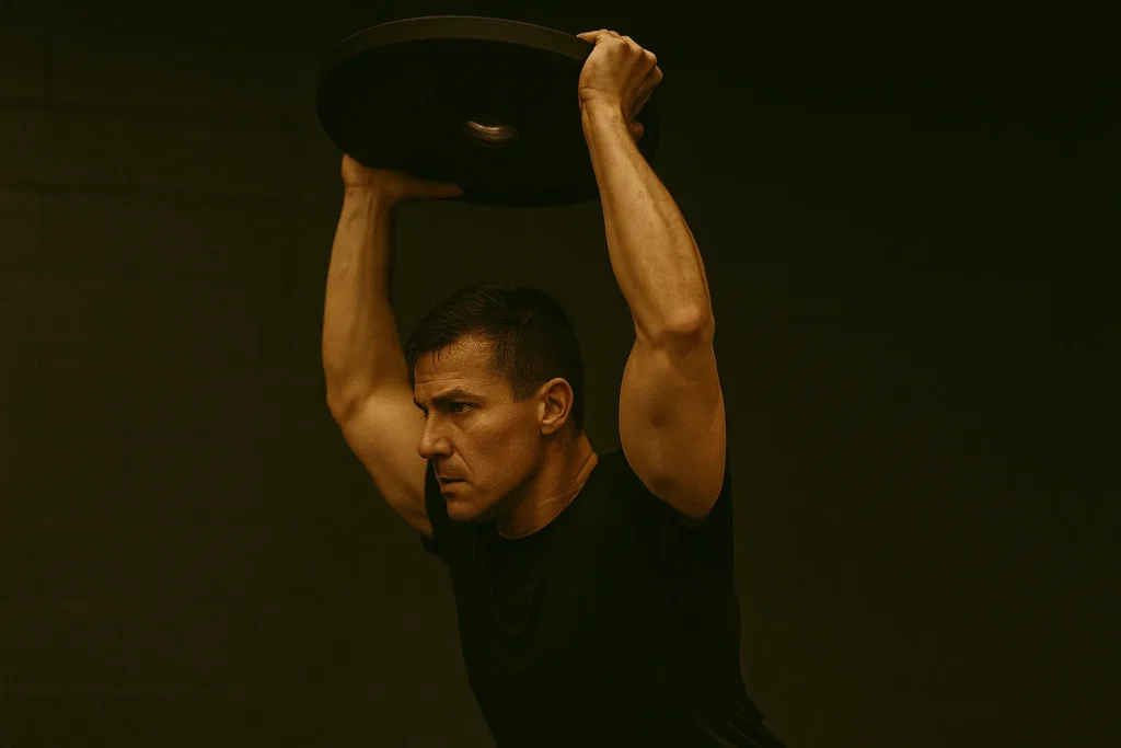 Overhead position with plate locked out, strong arms and core engagement visible