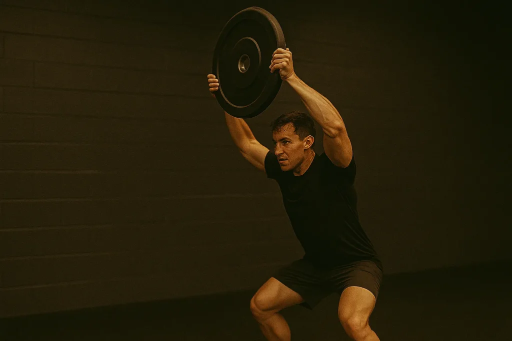 Athlete performing a ground-to-overhead lift with a bumper plate, movement captured mid-thrust overhead, full-body tension