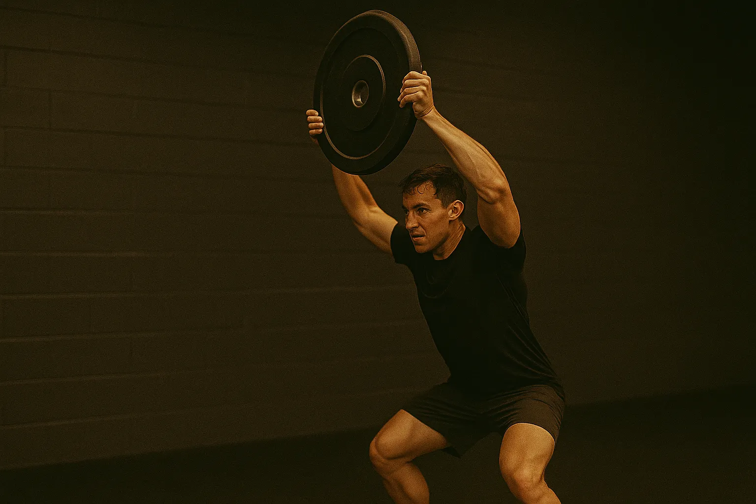Athlete performing a ground-to-overhead lift with a bumper plate, movement captured mid-thrust overhead, full-body tension