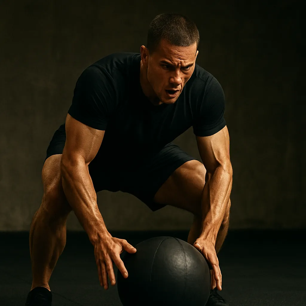 Front view of athlete recoiling from the slam, ball bouncing slightly