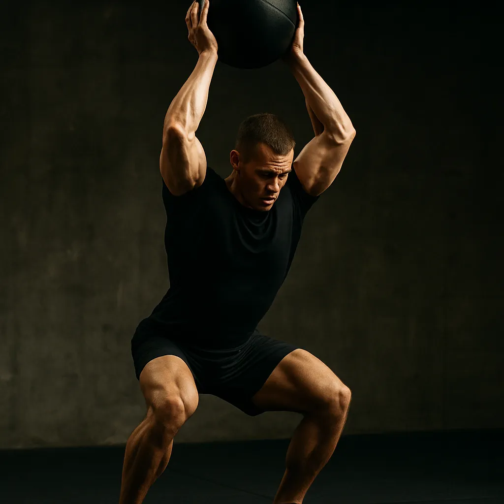 Overhead position with ball extended, full-body tension and engagement