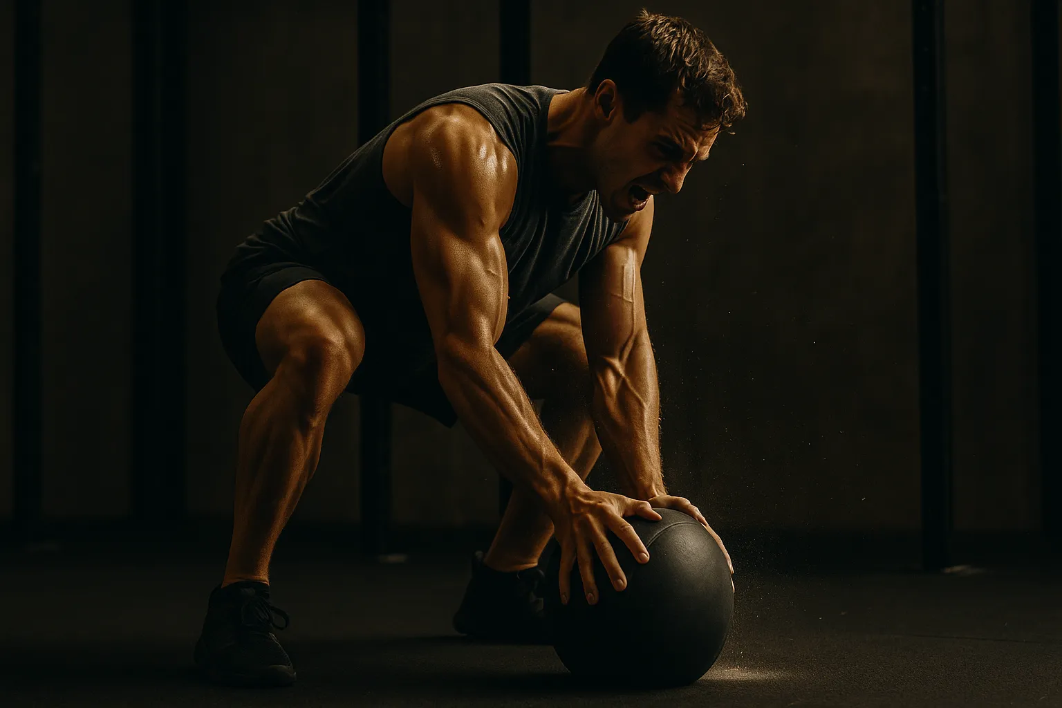 Athlete mid-slam with a medicine ball, knees bent, core braced, ball milliseconds before impact on the gym floor