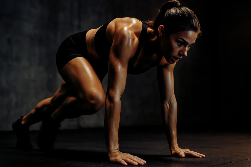 Side view of fast-paced mountain climbers, hands planted, core engaged