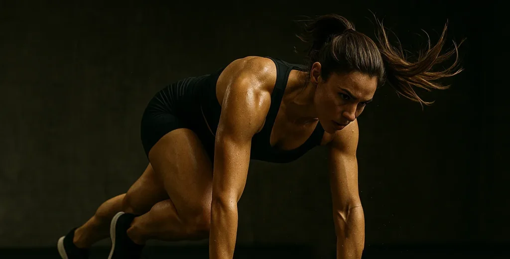 Female athlete performing mountain climbers on gym mat, strong core tension, knees driving toward chest