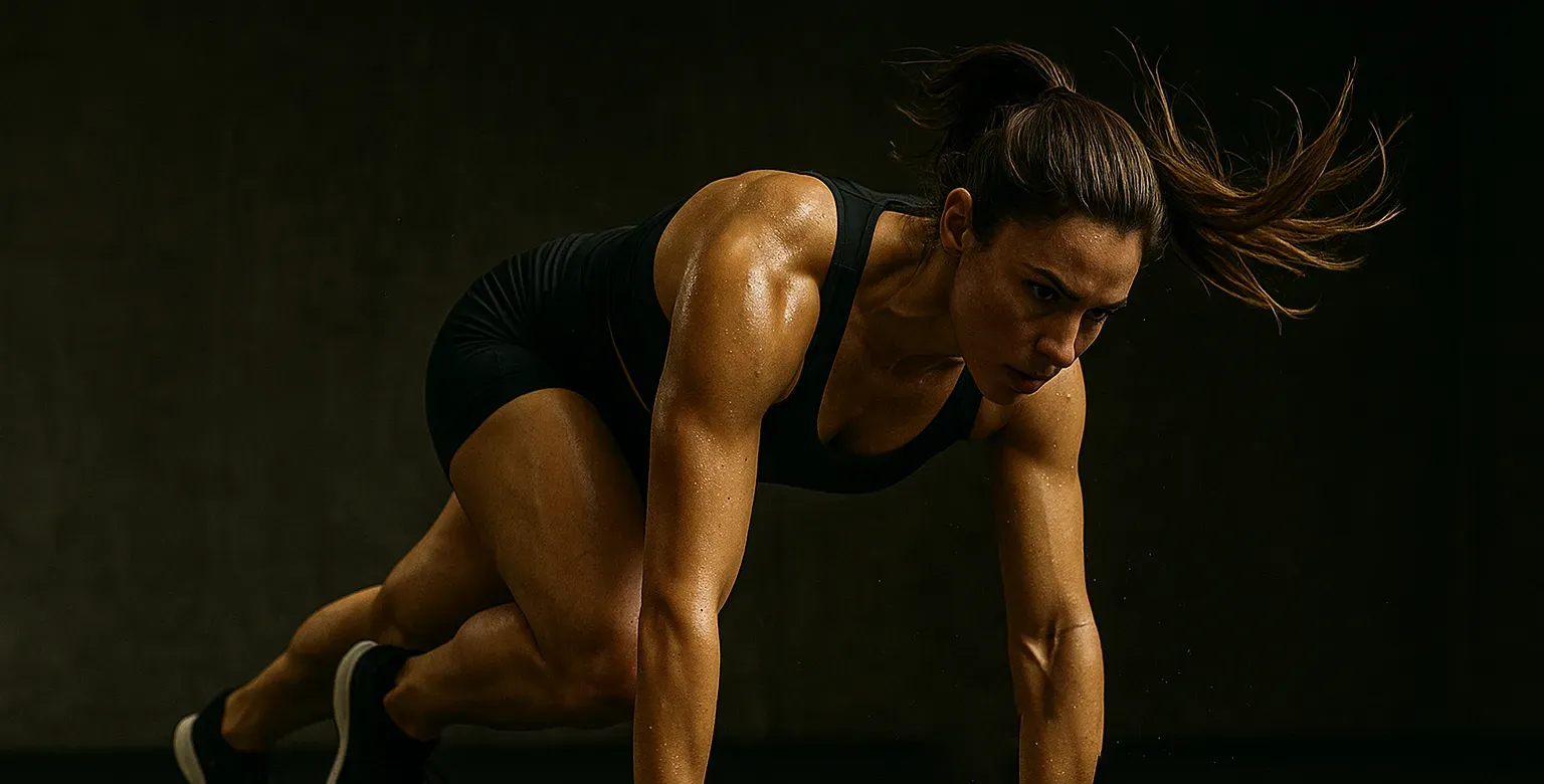 Female athlete performing mountain climbers on gym mat, strong core tension, knees driving toward chest