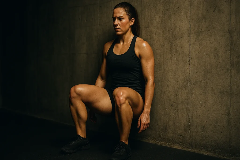 Athlete holding a deep wall sit against a concrete wall, thighs parallel to the ground, hands off legs