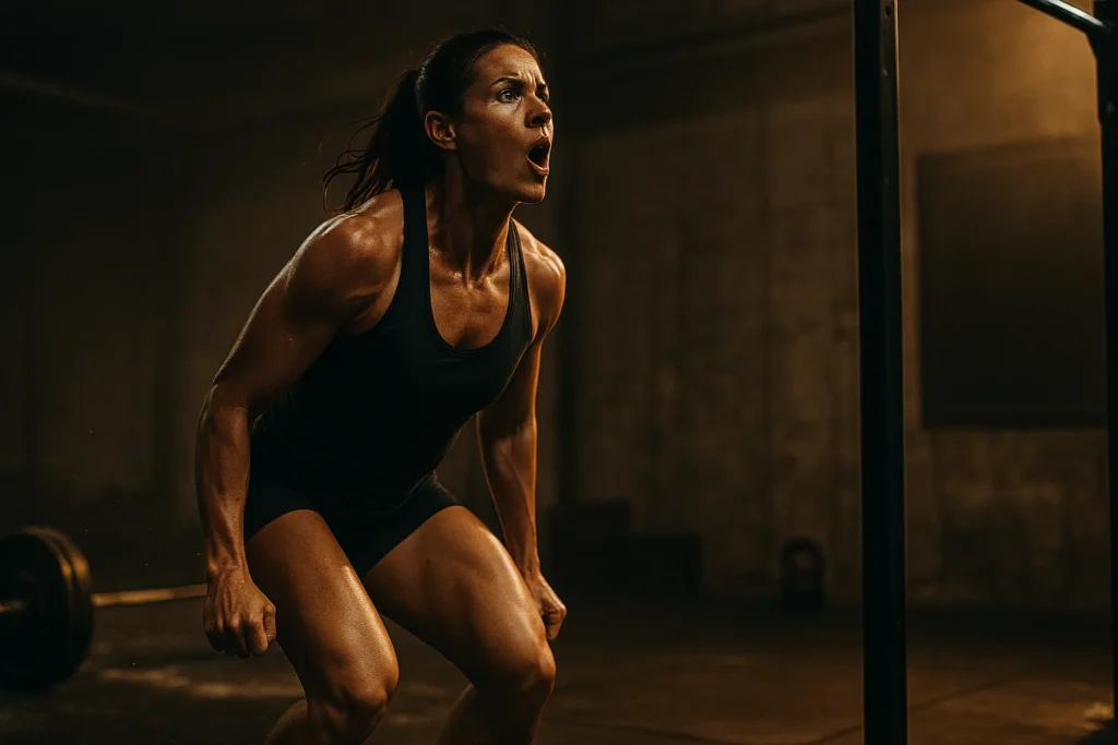 Athlete in transition from burpee to pull-up, showing breath and intensity under circuit fatigue