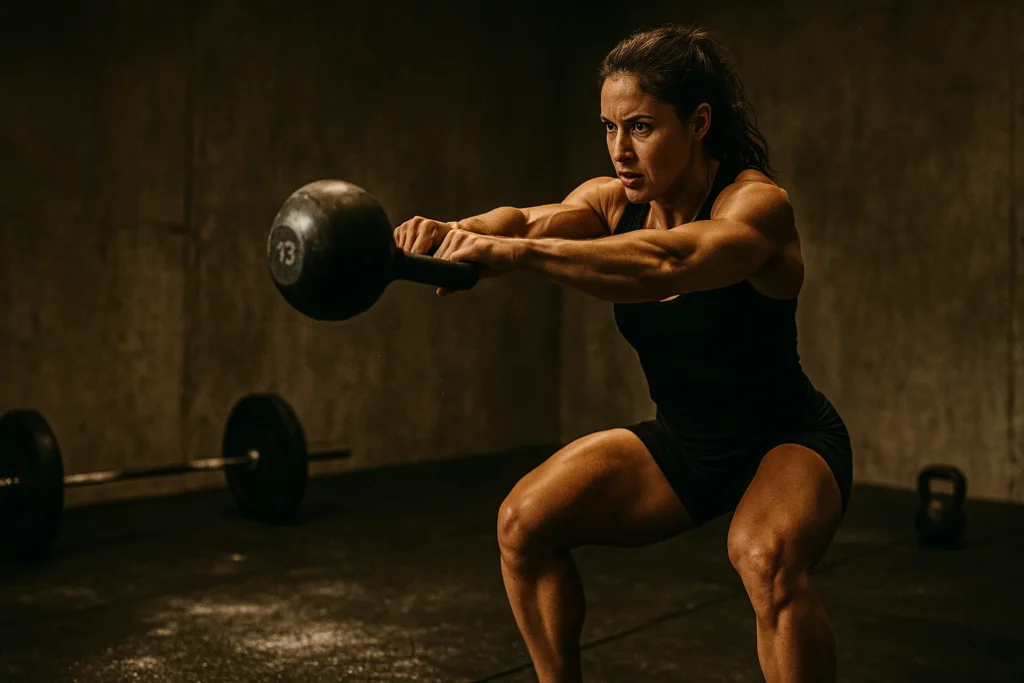 Kettlebell swing mid-rep with barbell and dumbbell in background, gym chalk visible