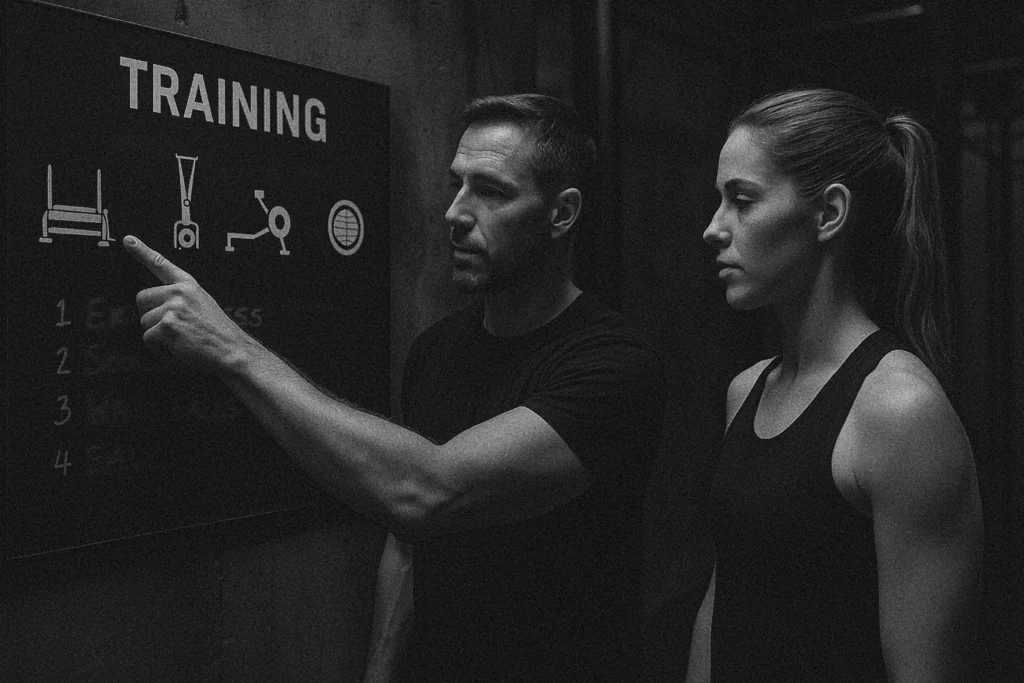 Coach and athlete reviewing a training whiteboard with HYROX station icons visible (sleds, SkiErg, wall balls), cinematic industrial gym lighting