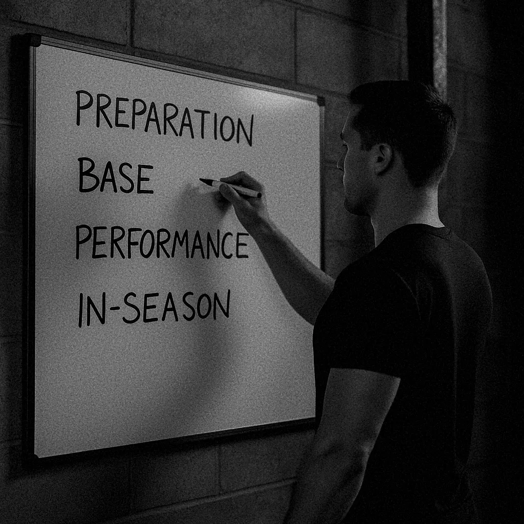 Athlete writing training phases on whiteboard in industrial gym, cinematic warm directional lighting, clear seasonal structure visible