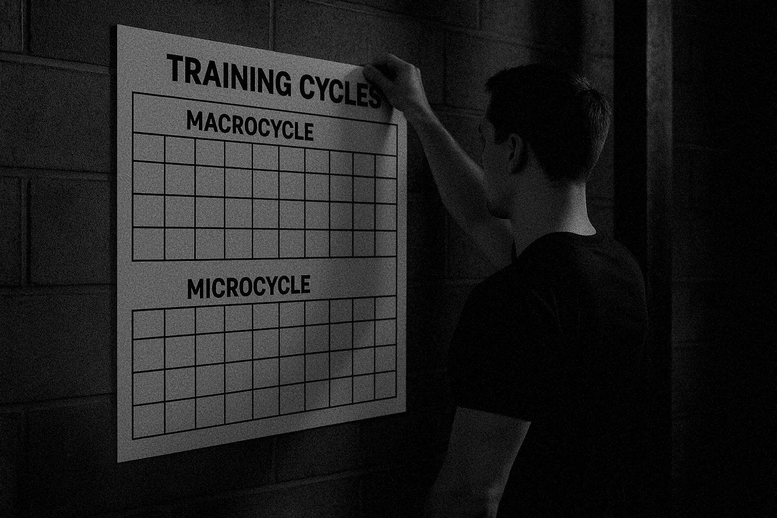 Athlete adjusting wall planner showing macro and micro cycles