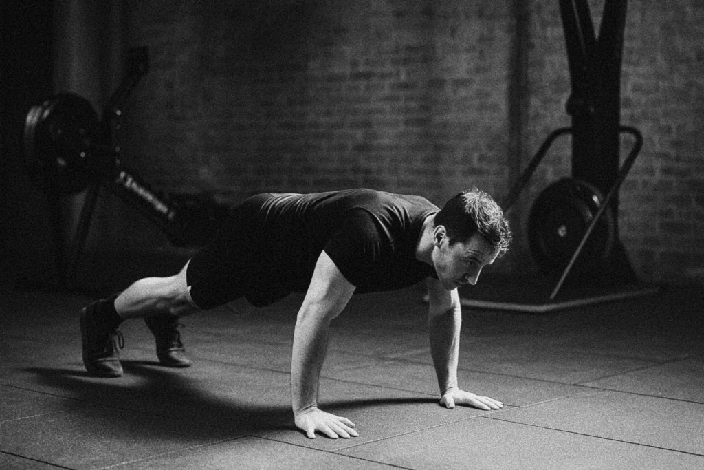 Athlete training with a burpee movement in a HYROX-style gym setup, Concept2 rower and SkiErg visible in background
