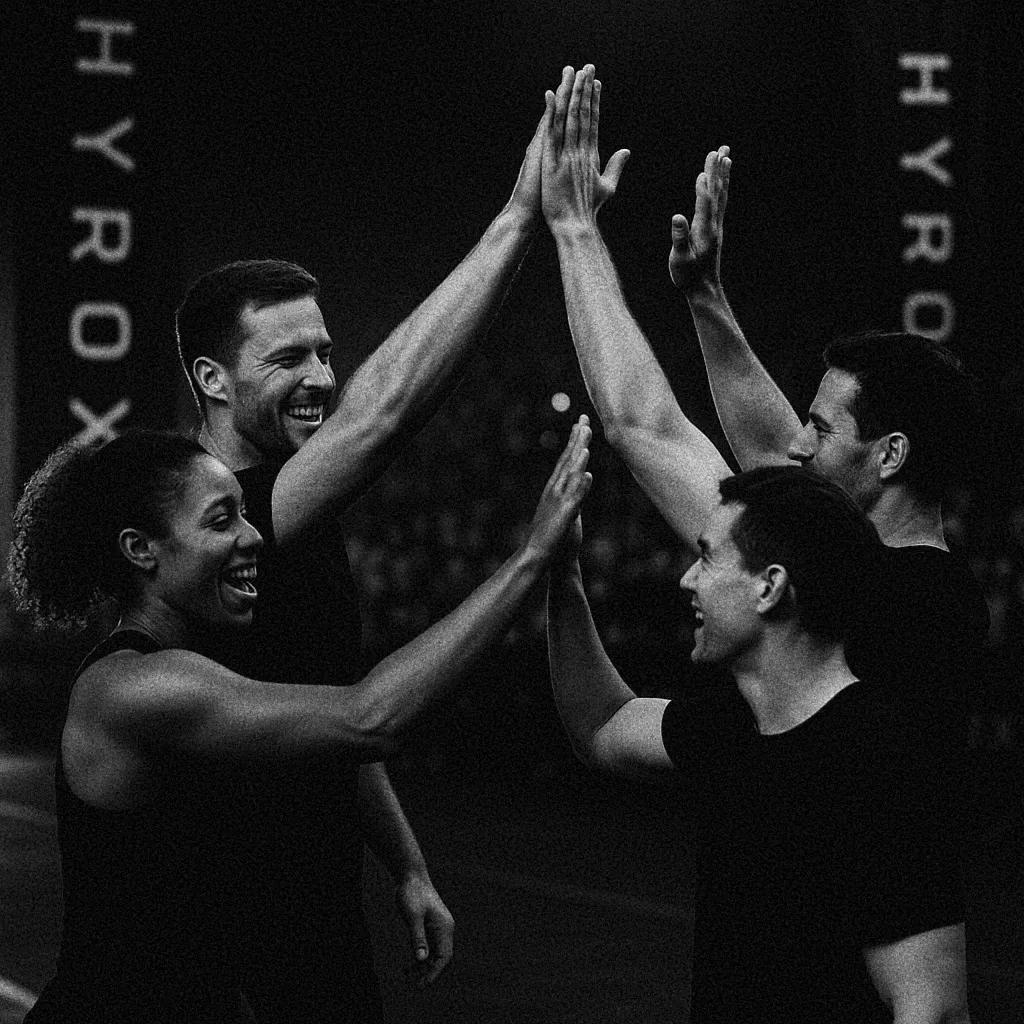 Four relay athletes high-fiving post-race under HYROX banners
