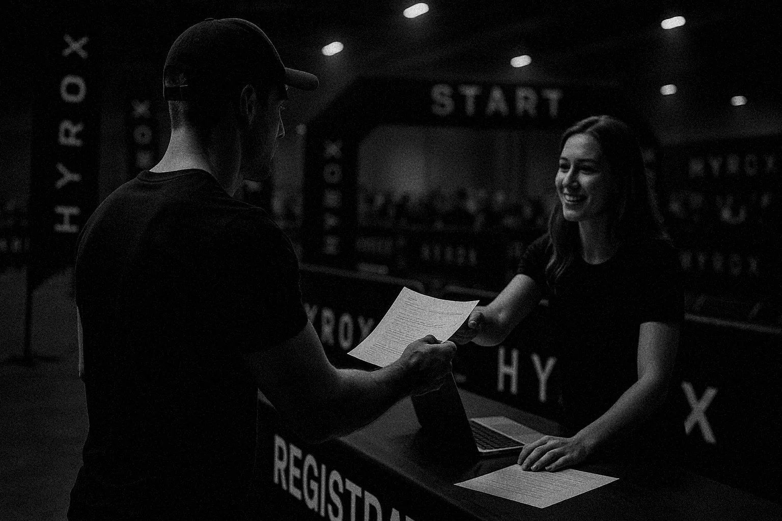 Athlete registering at HYROX event desk, banners and start gate visible in background
