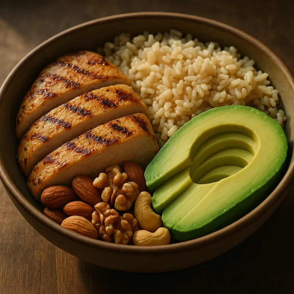 Close-up of balanced post-workout meal with grilled chicken, rice, avocado and nuts