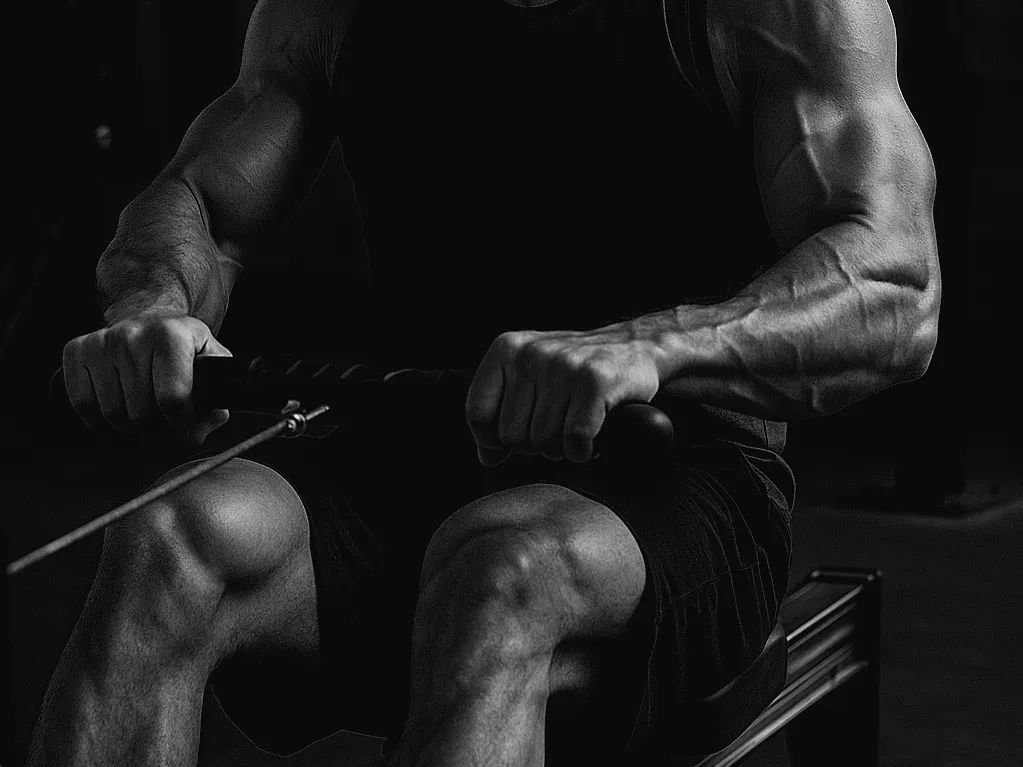 Athlete on rowing machine mid-pull, cinematic industrial gym lighting, arm muscles engaged