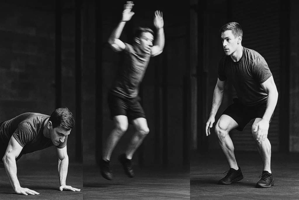 Sequence shot of athlete mid-burpee - jump - landing