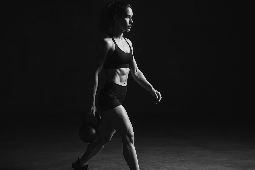 Athlete mid-walk with kettlebell suitcase carry, visible oblique engagement