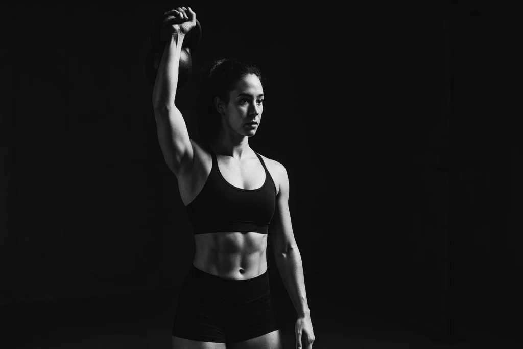 Athlete holding kettlebell overhead in stable position