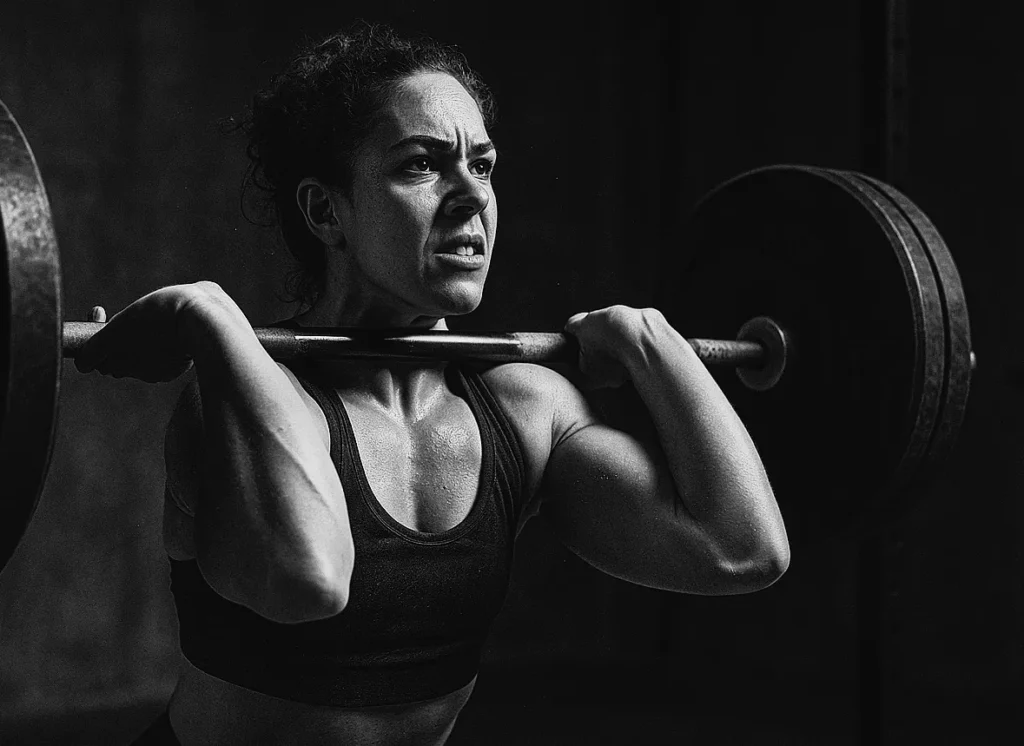 Athlete performing compound lift (barbell clean or sandbag to shoulder), cinematic industrial gym lighting, visible grit