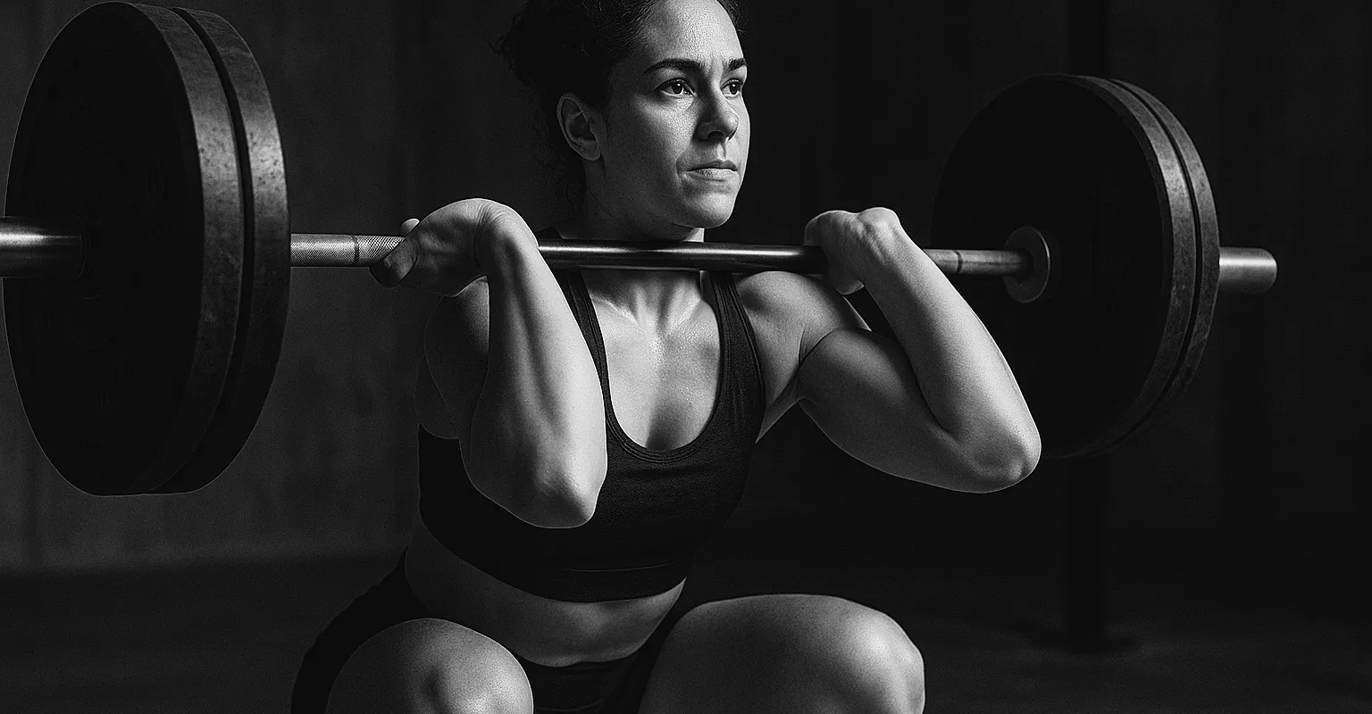 Athlete front squatting under warm directional light, strong knee alignment