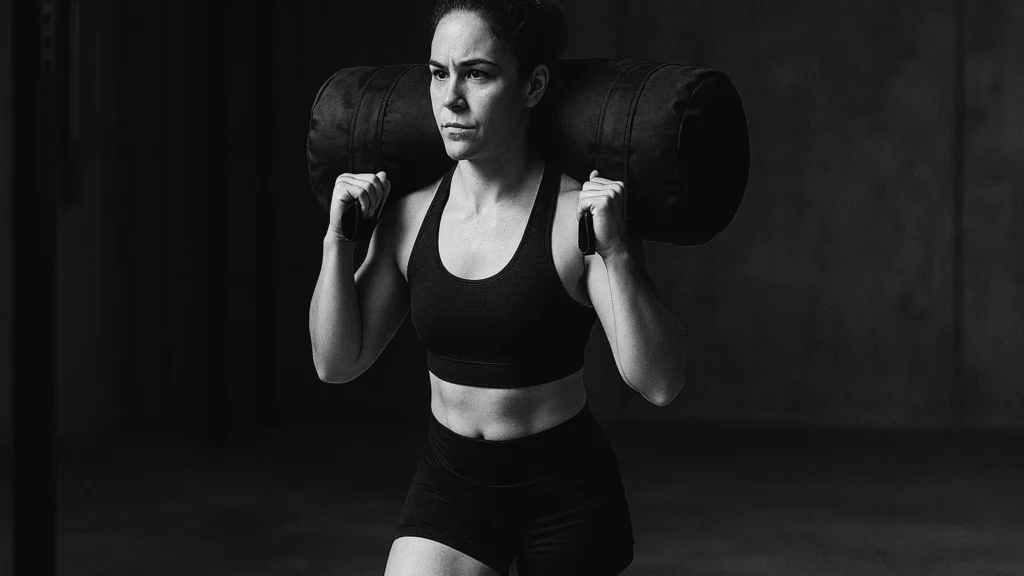 Athlete walking with heavy sandbag carry, upright posture