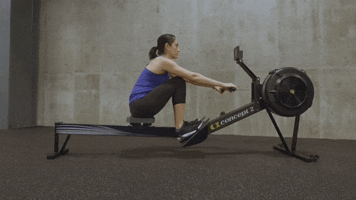 Side view of athlete at catch position, flat back, knees and arms aligned