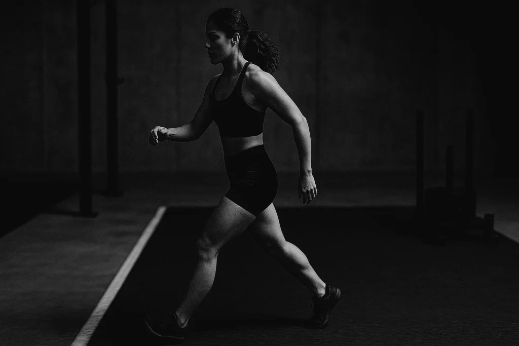 Athlete stepping from run lane to sled zone mid-transition, purposeful stride