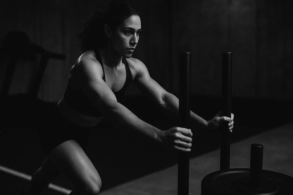 Athlete transitioning from treadmill run to sled push