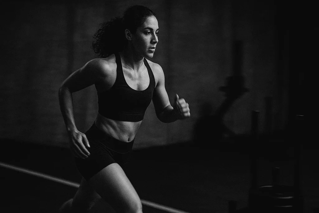 Athlete mid-run after carry, shoulders relaxed, breathing controlled