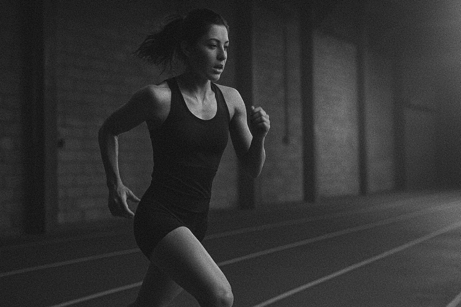 Athlete mid-run interval on indoor track, steady stride