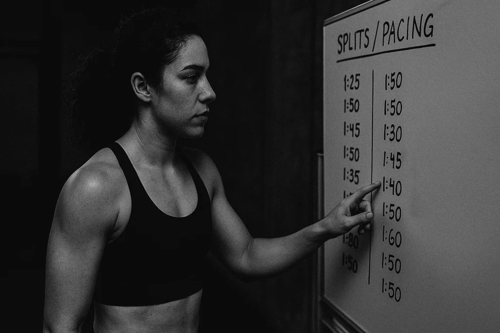 Athlete reviewing splits and pacing chart on whiteboard after threshold intervals
