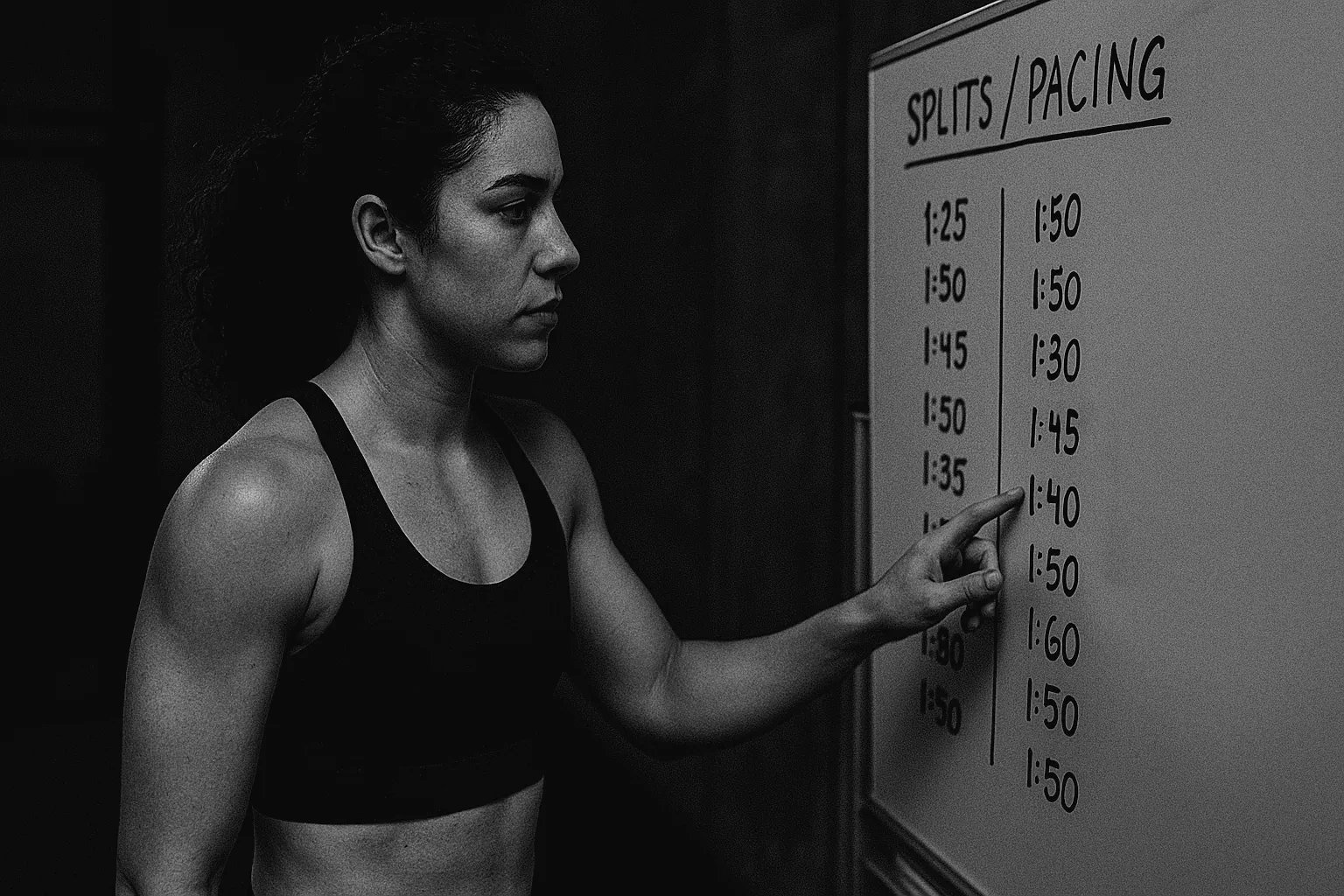 Athlete reviewing splits and pacing chart on whiteboard after threshold intervals