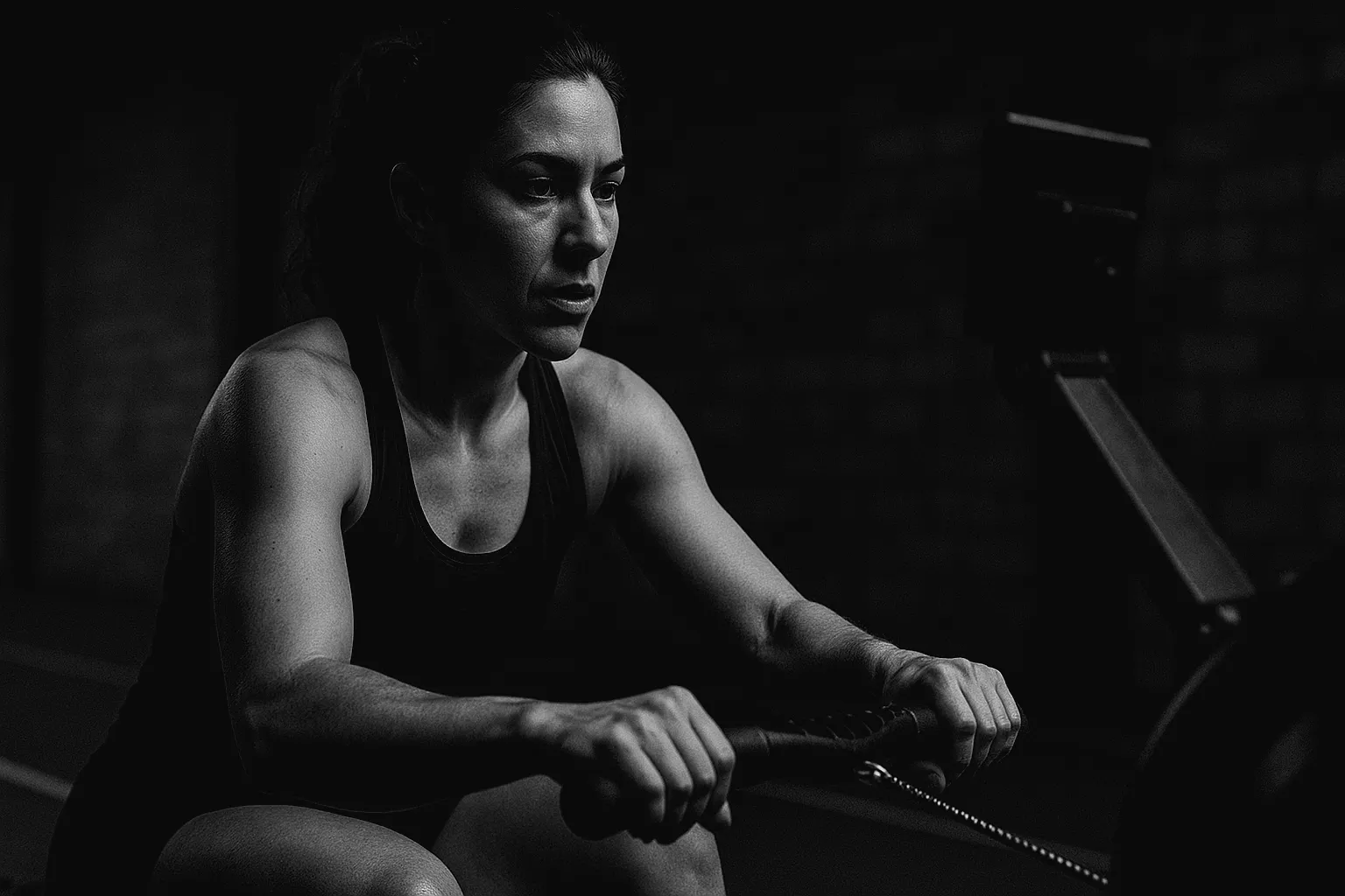 Athlete mid-row interval, looking at monitor, steady breathing and posture