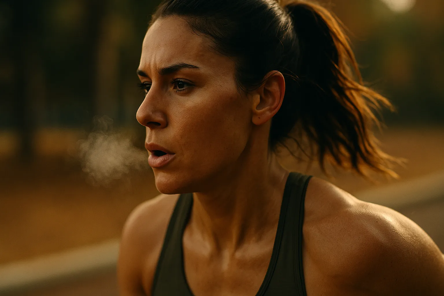 Close-up of athlete’s face mid-run, exhale visible