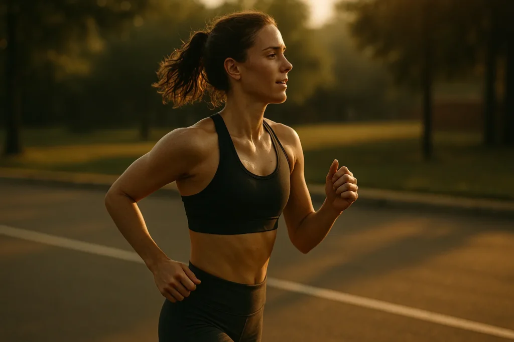 Athlete running light and tall, relaxed shoulders, visible breathing rhythm