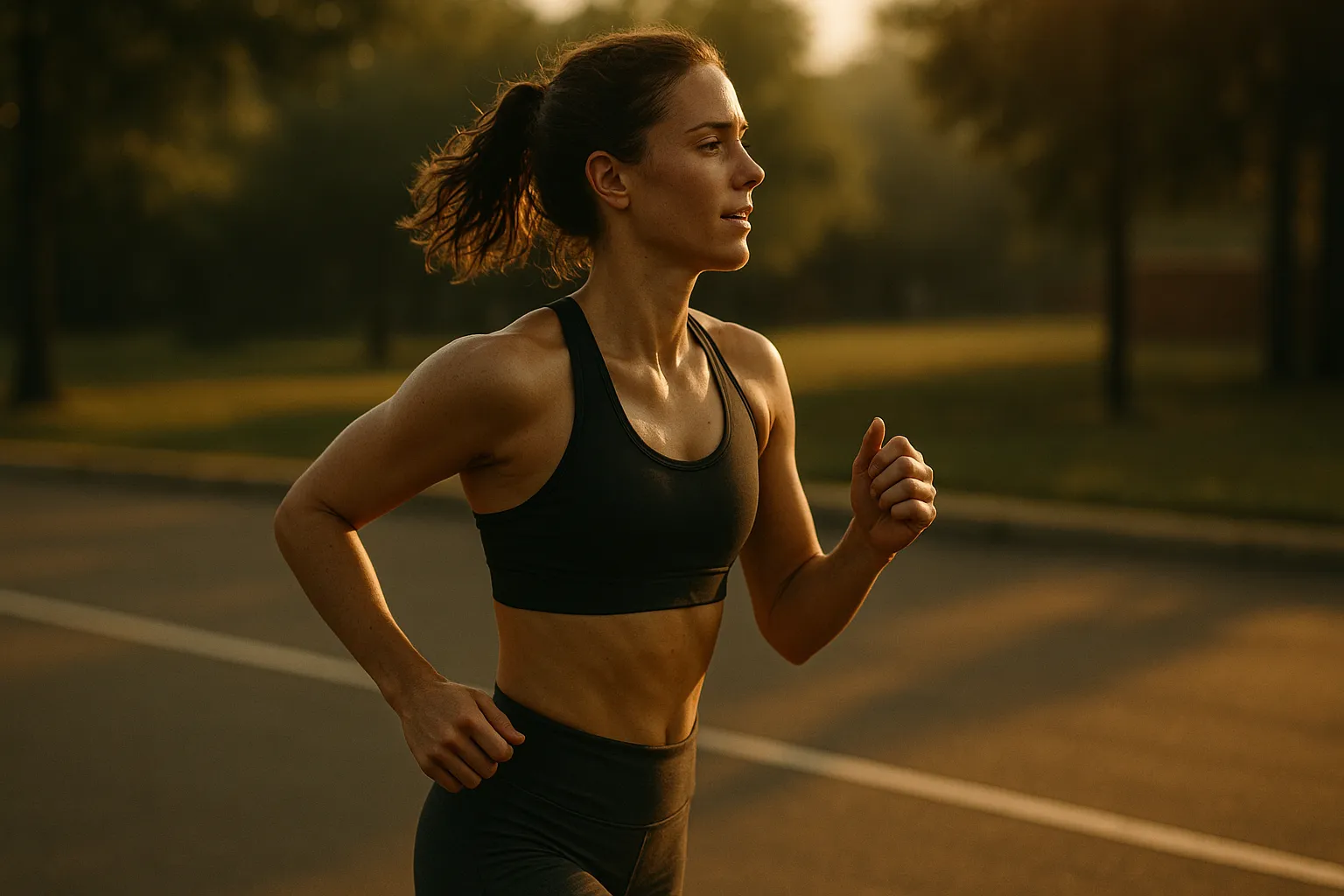 Athlete running light and tall, relaxed shoulders, visible breathing rhythm
