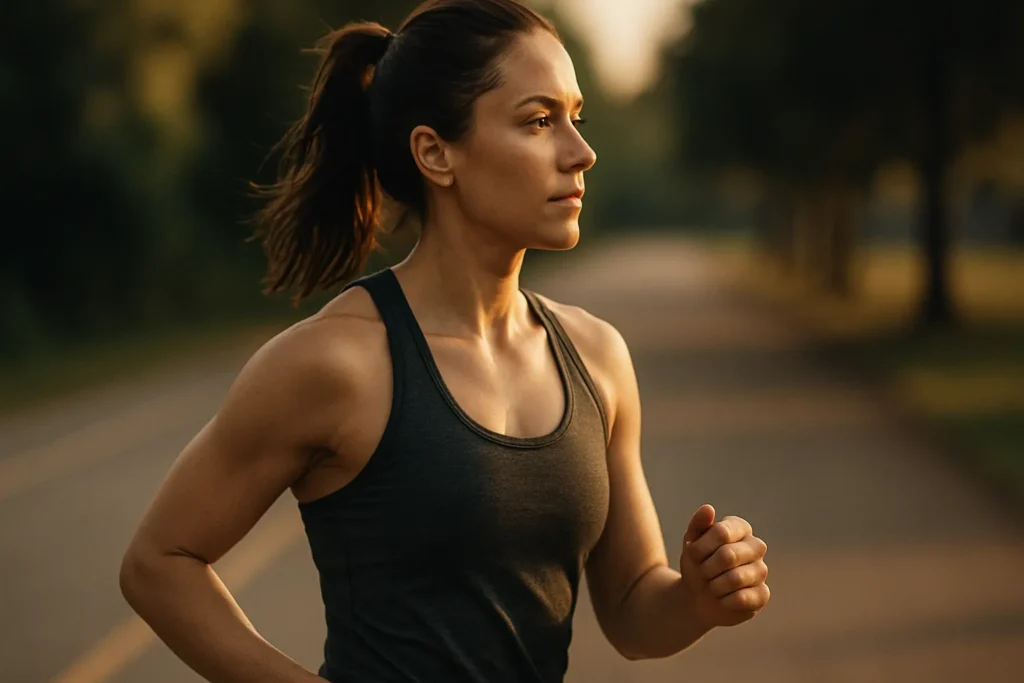 Athlete maintaining upright posture mid-stride, neutral gaze