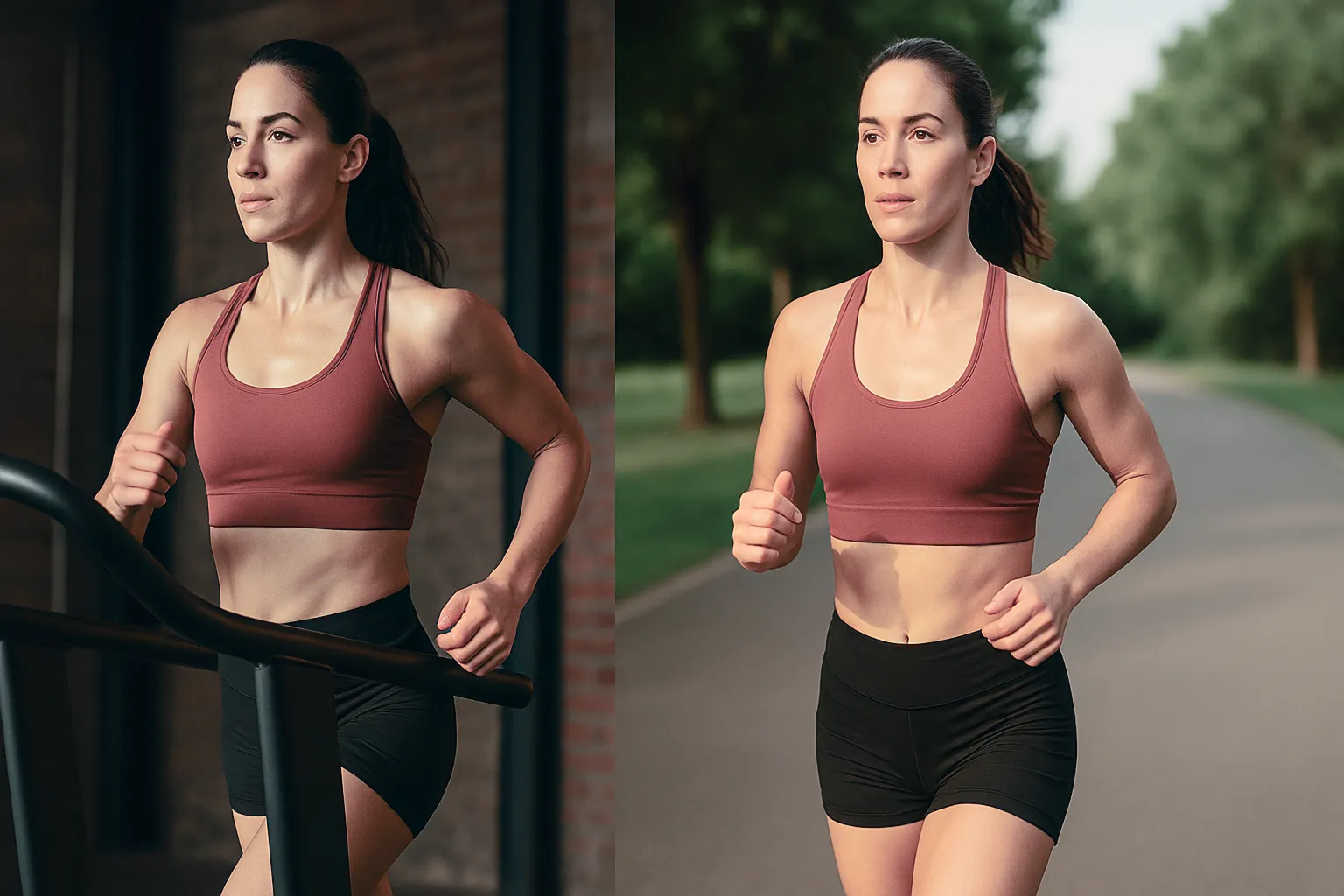 Split-scene composition showing athlete running on a curved treadmill on one side and outdoors on the other, consistent form and stride
