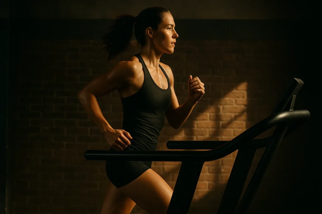 Athlete on curved treadmill mid-stride, steady rhythm and upright posture