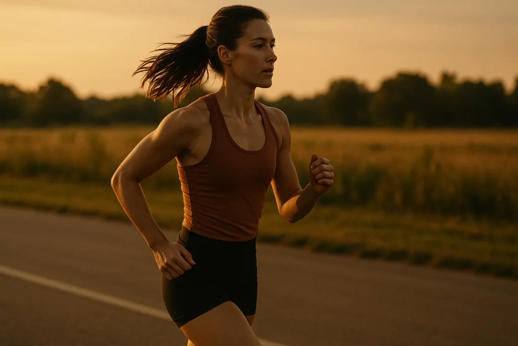 Athlete running outdoors at golden hour, smooth stride and upright posture