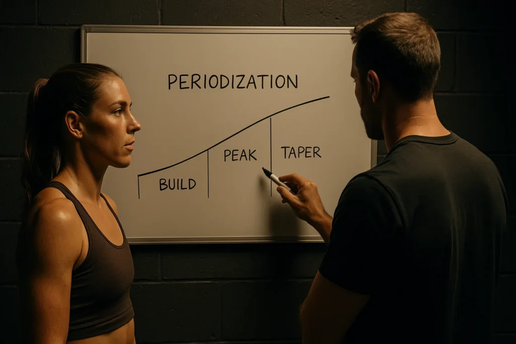 Athlete and coach reviewing periodisation chart labelled Base–Build–Peak–Taper
