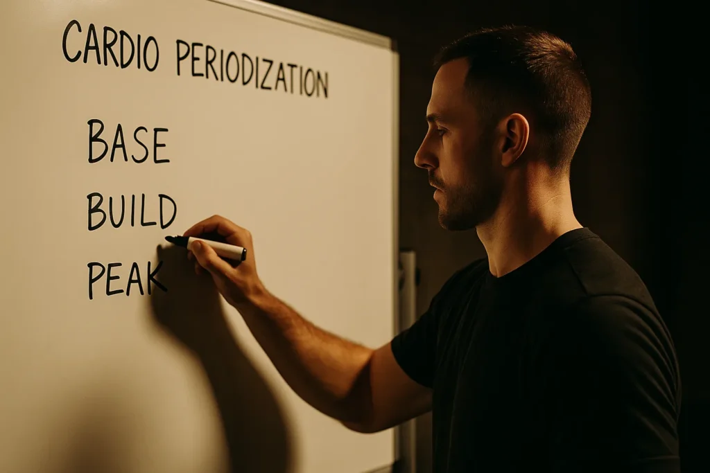 Coach writing cardio periodisation blocks (Base - Build - Peak) on whiteboard
