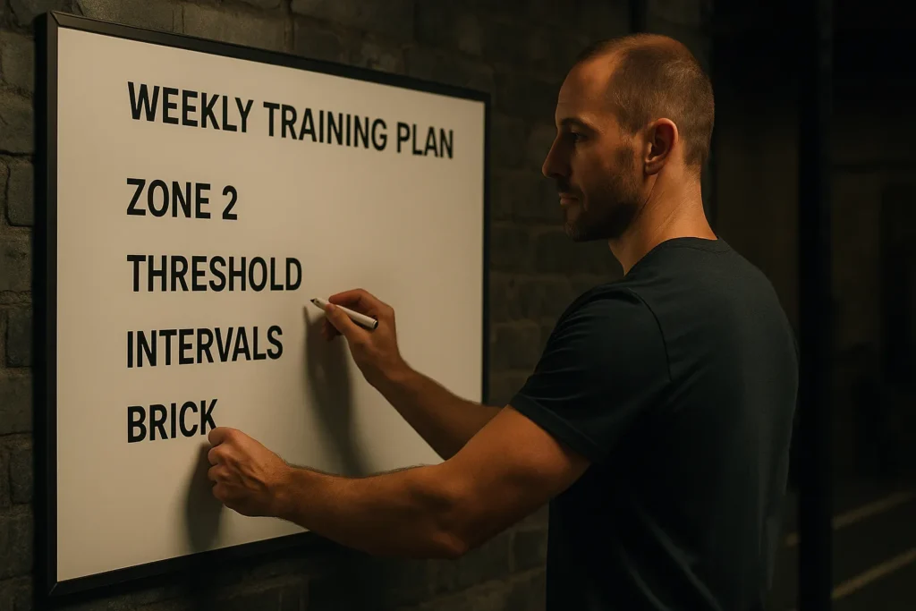 Coach outlining weekly training plan on whiteboard labelled Zone 2, Threshold, Intervals, Brick