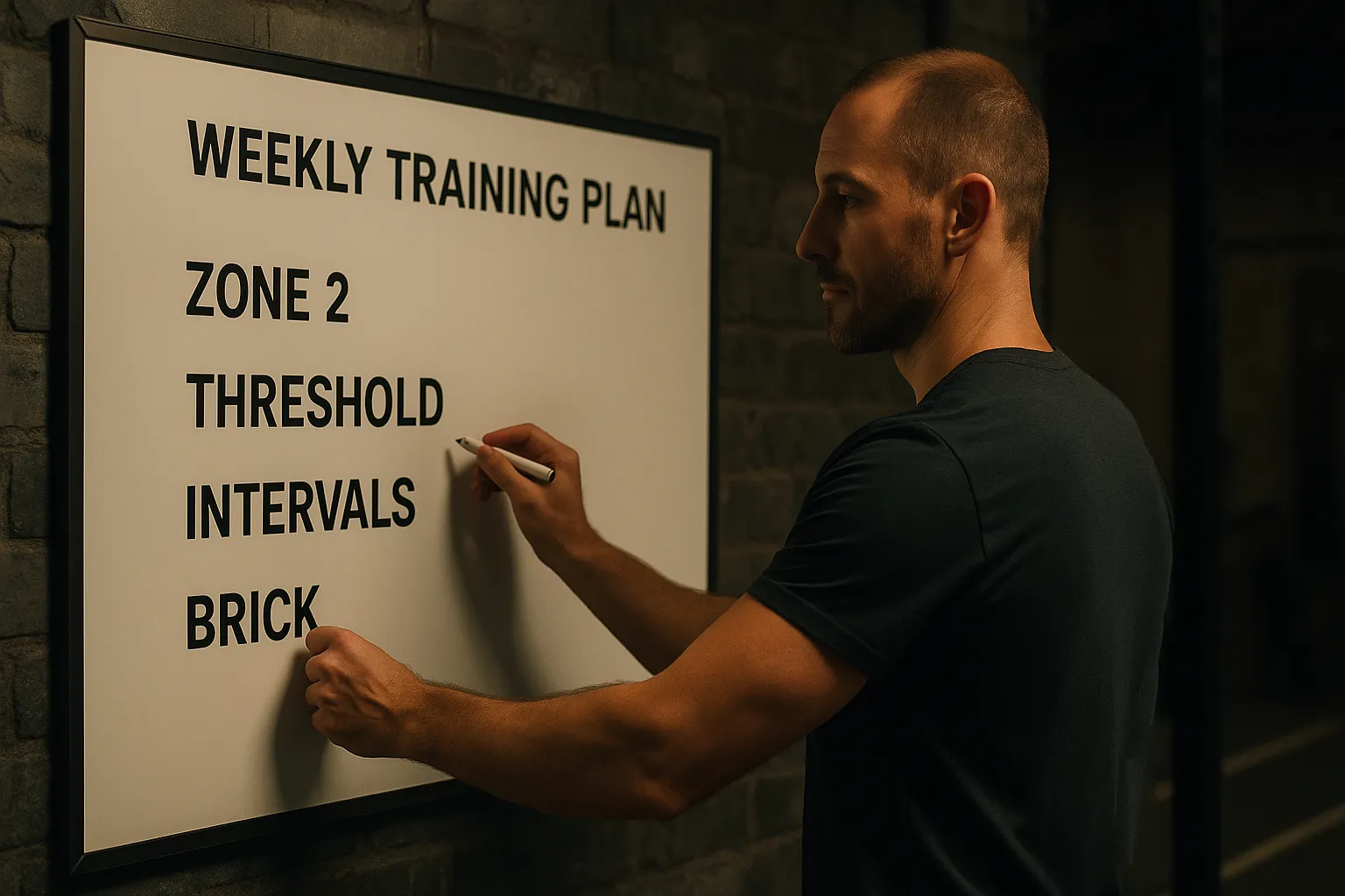 Coach outlining weekly training plan on whiteboard labelled Zone 2, Threshold, Intervals, Brick